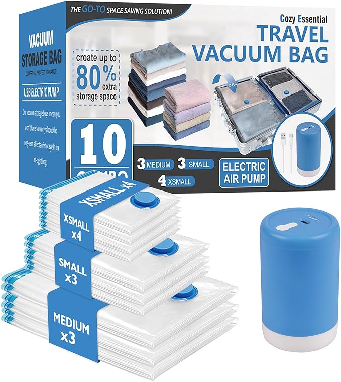 Essential Travel Vacuum Bags with Rechargeable Electric Pump