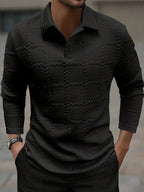 Classic Solid-Color Button-Front Long-Sleeve Polo Shirt for Men