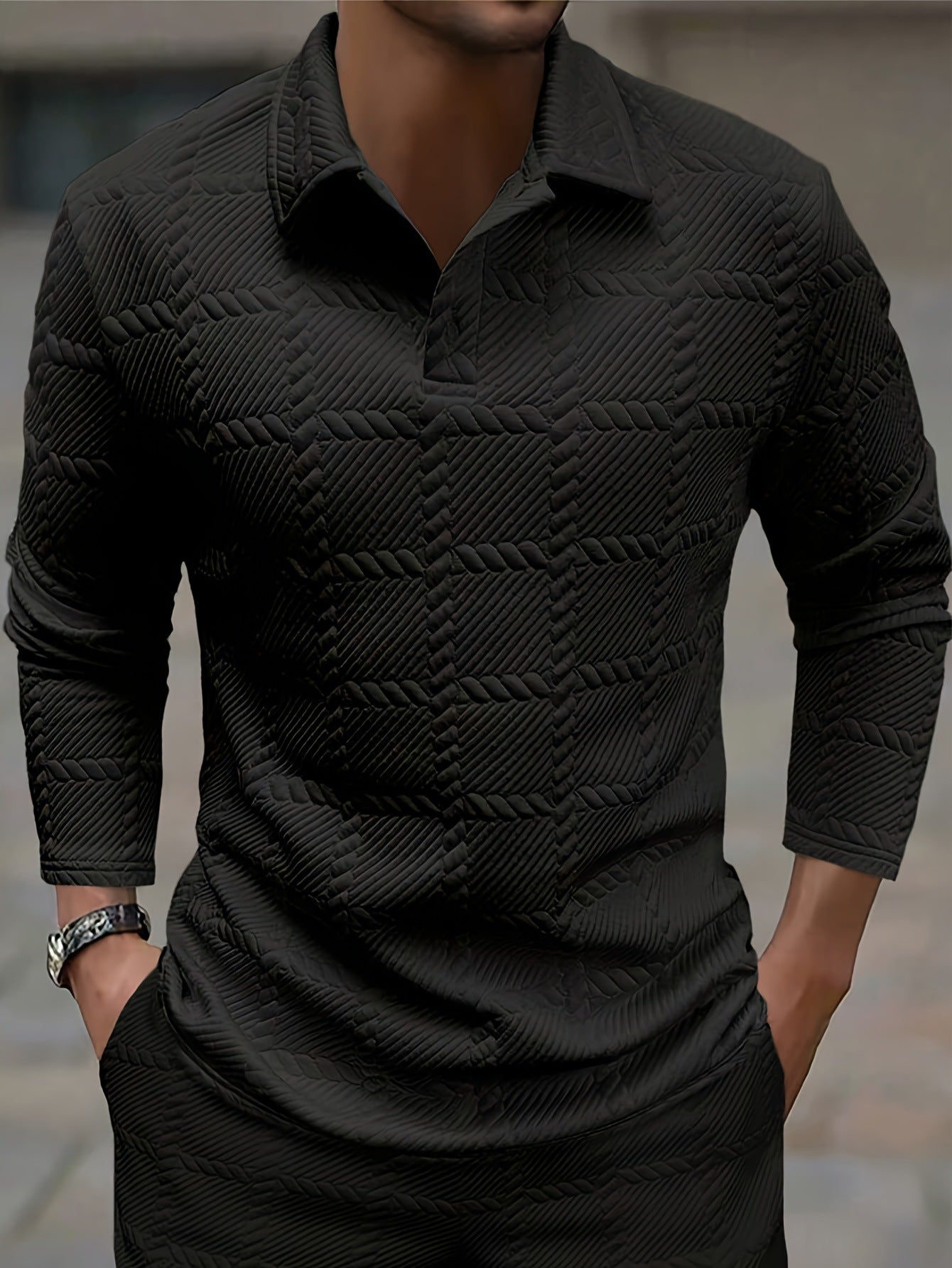 Classic Solid-Color Button-Front Long-Sleeve Polo Shirt for Men
