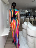 Women’s Deep V-Neck Rainbow Pleated Maxi Dress