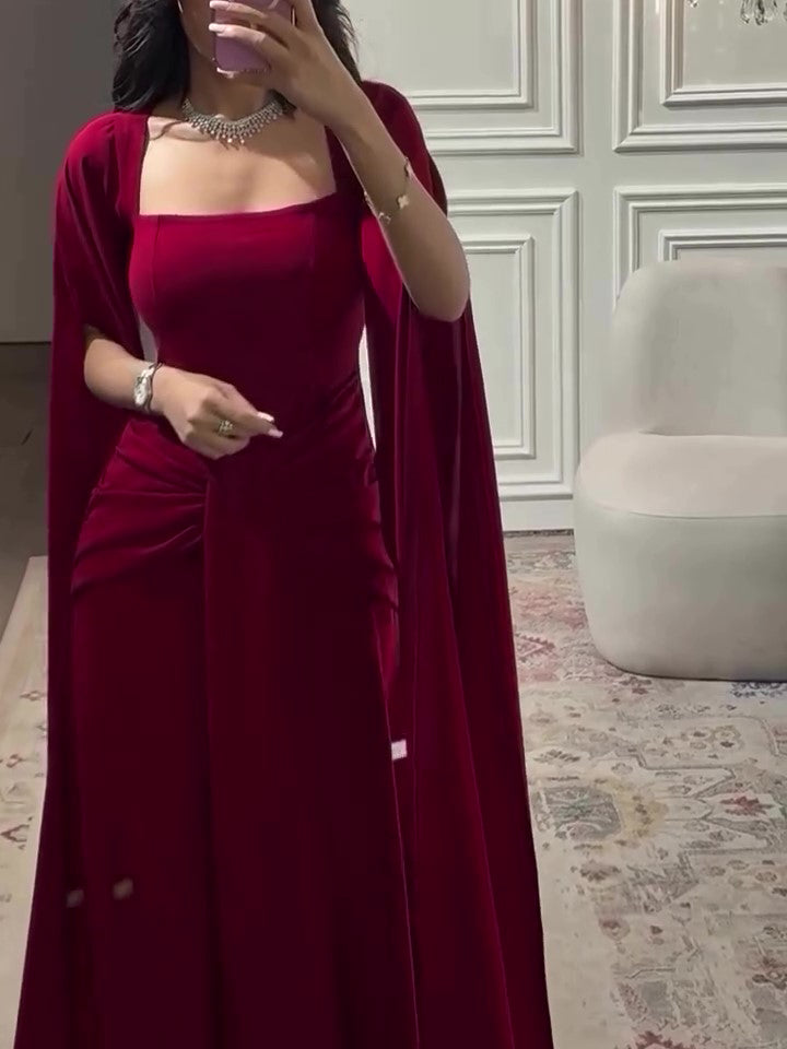 Burgundy Square-Neck Cape Maxi Dress
