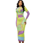 Stylish Printed Bodycon Dress: Women’s Long Sleeve Crew Neck Look