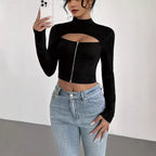 Elegant High-neck Zip-up Long-sleeve Stretch Top