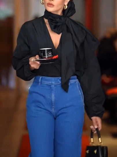 Women’s Solid Color Long-Sleeve Shirt, Strappy Detail Casual Blouse