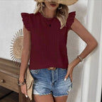 Women’s Solid-Color Blouse with Ruffle Sleeves and Back Tie Detail