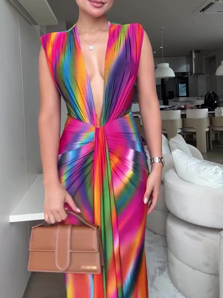 Women’s Deep V-Neck Rainbow Pleated Maxi Dress