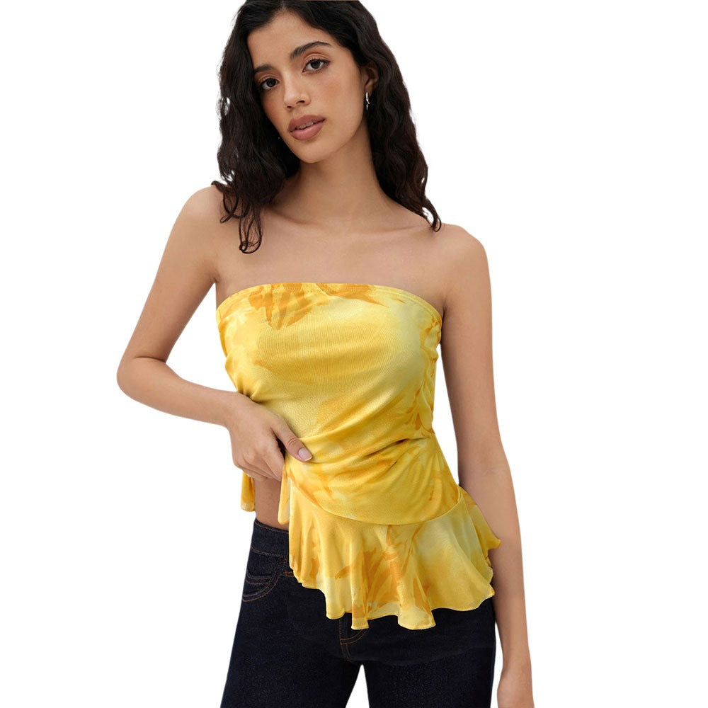 Women’s Off-the-Shoulder Tie-Dye Tube Top with Ruffled Trim
