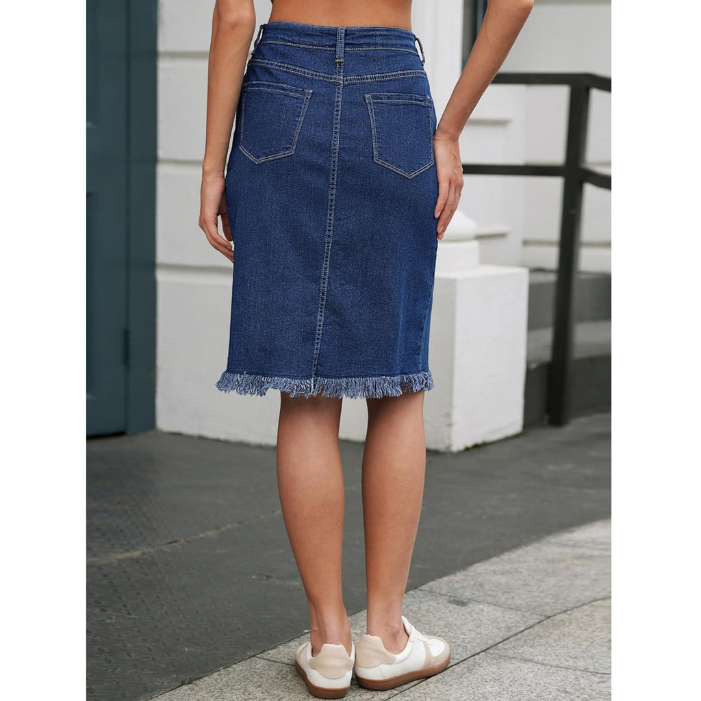 Women’s Stretch Denim Skirt: Raw Hem Elegant Casual Style