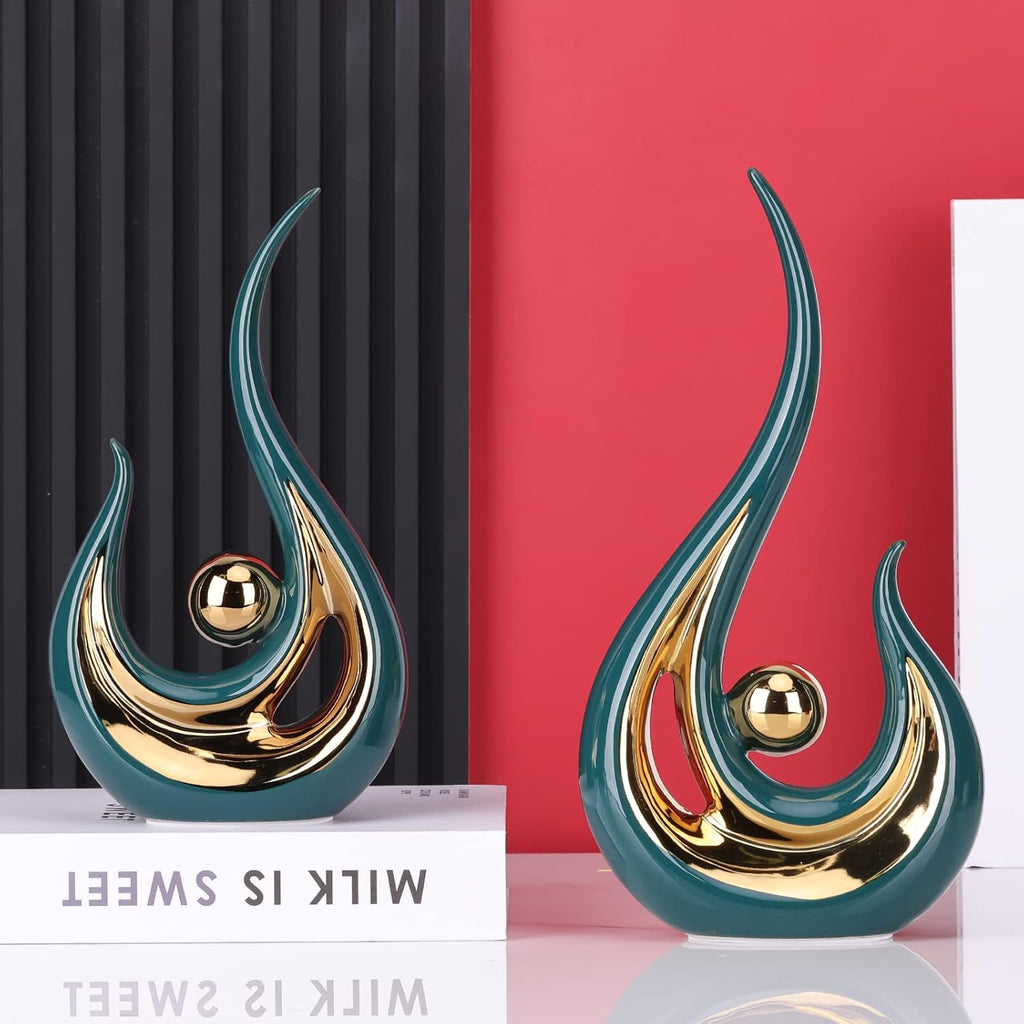 LCCCK Modern Abstract Ceramic Statues (2-Pack, White & Gold)