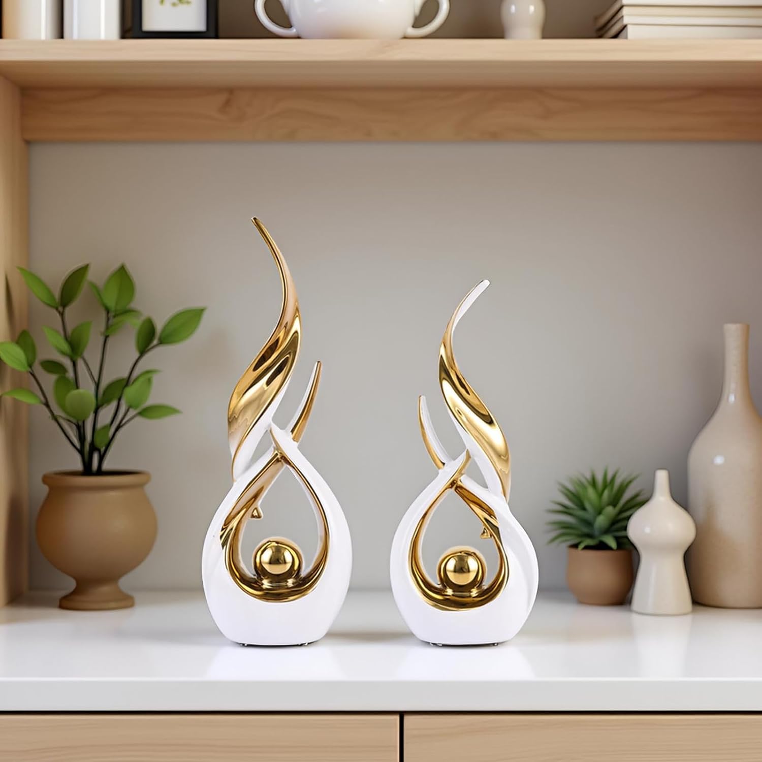 Gold Ceramic Abstract Statue Set (2-Piece, White & Gold)