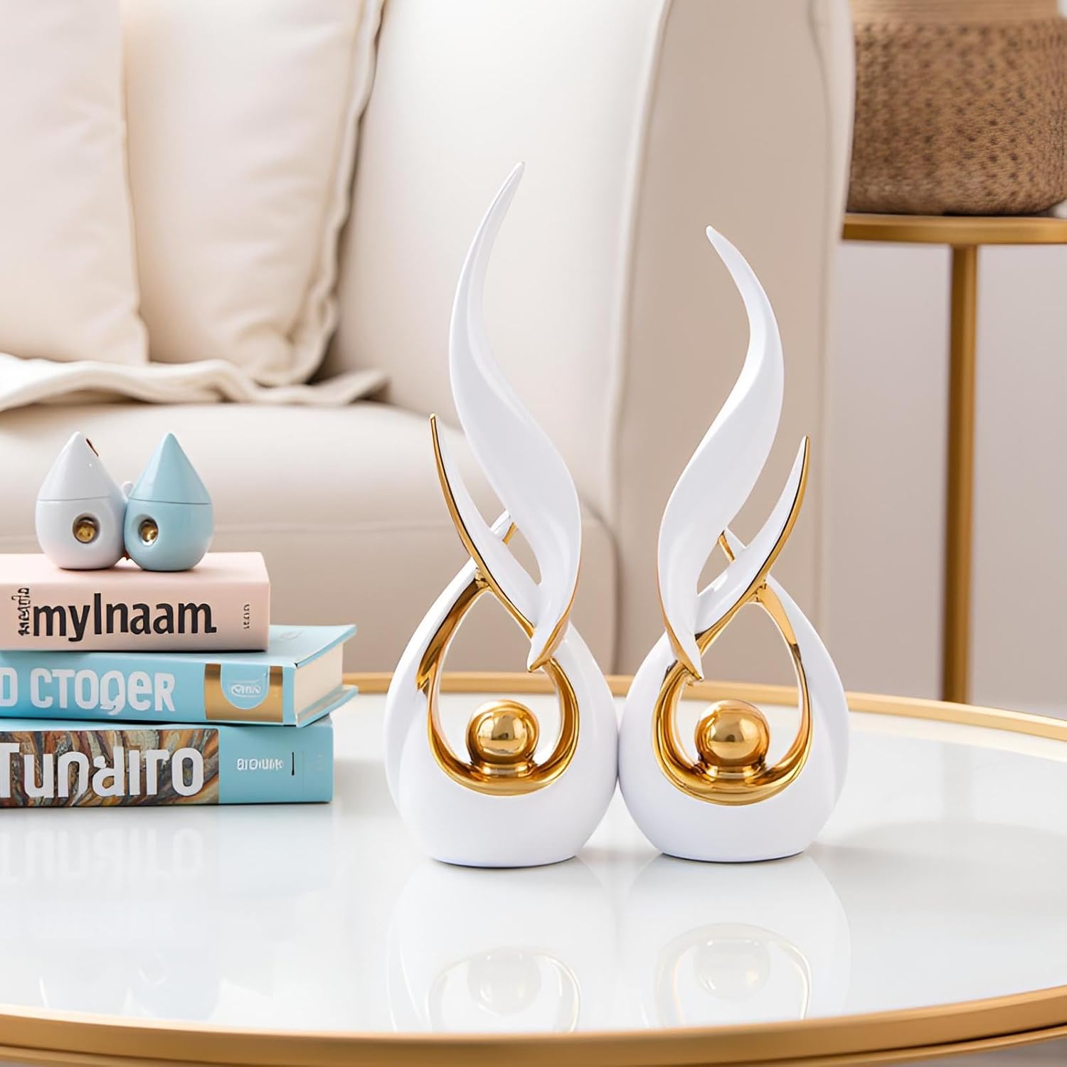 Gold Ceramic Abstract Statue Set (2-Piece, White & Gold)