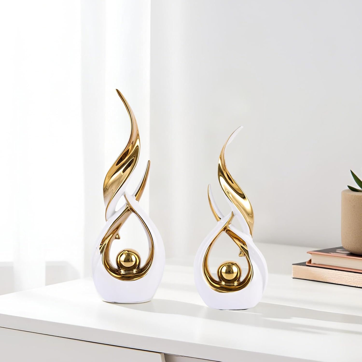 Gold Ceramic Abstract Statue Set (2-Piece, White & Gold)
