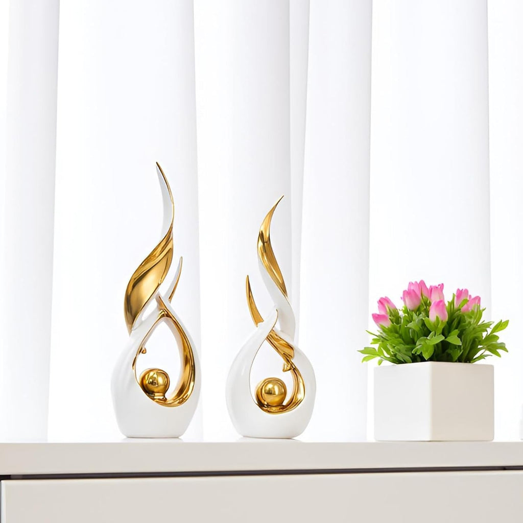 Gold Ceramic Abstract Statue Set (2-Piece, White & Gold)