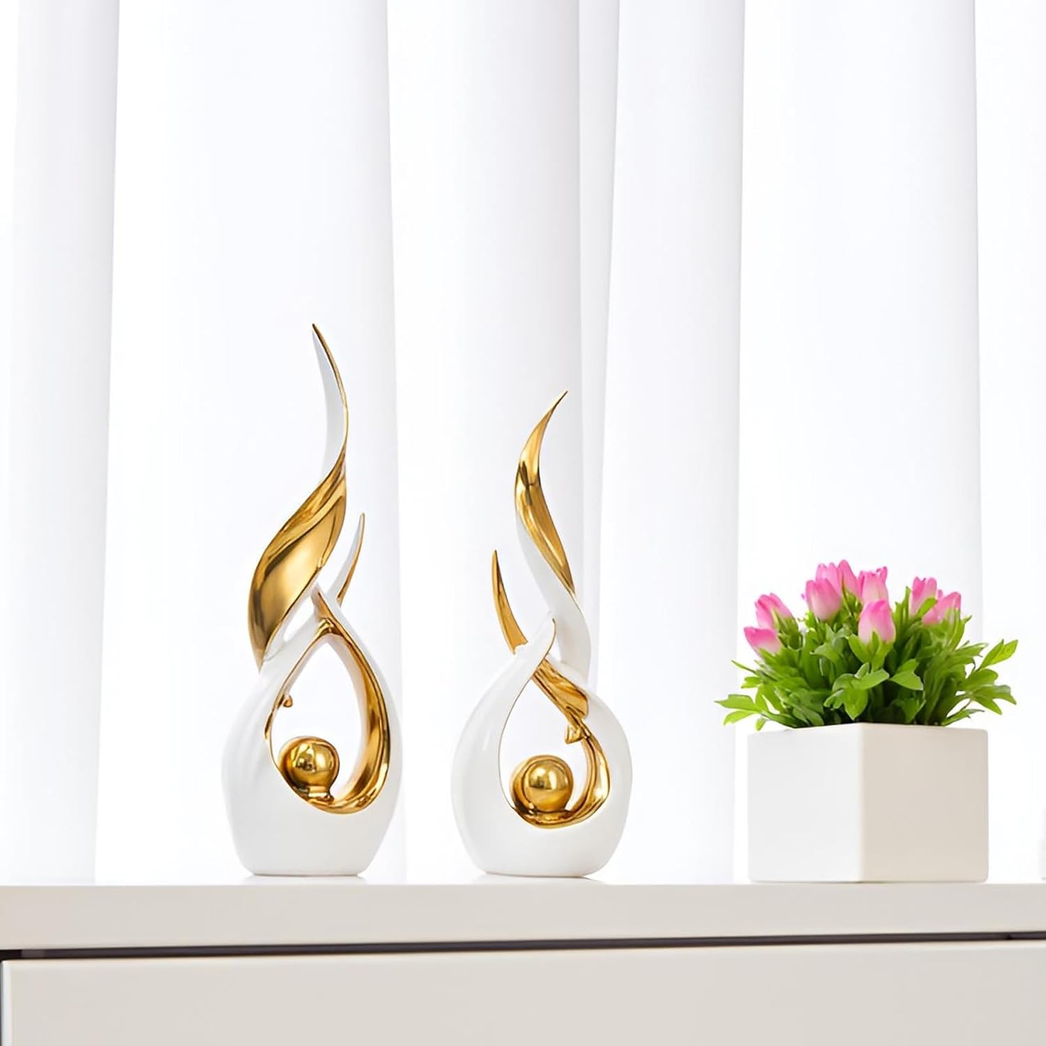 Gold Ceramic Abstract Statue Set (2-Piece, White & Gold)