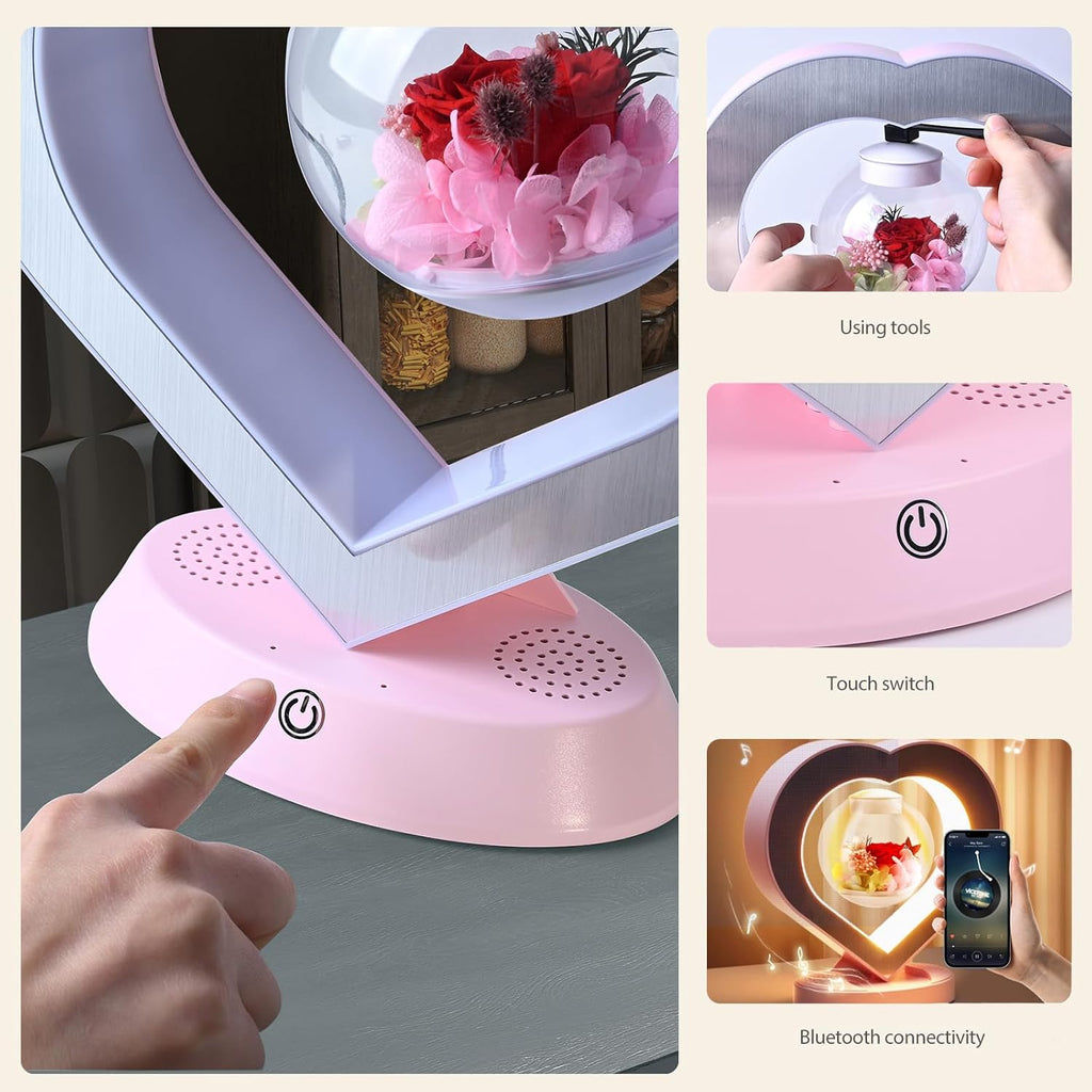 Levitating Pink Rose Lamp – LED Night Light with Bluetooth Speaker, 360° Rotating Forever Flower Gift