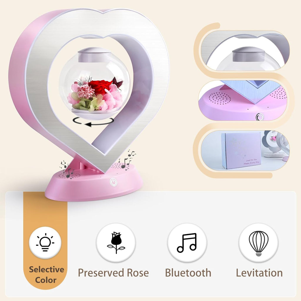 Levitating Pink Rose Lamp – LED Night Light with Bluetooth Speaker, 360° Rotating Forever Flower Gift