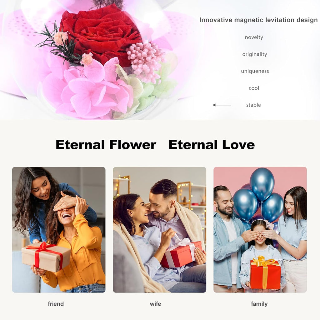 Levitating Pink Rose Lamp – LED Night Light with Bluetooth Speaker, 360° Rotating Forever Flower Gift