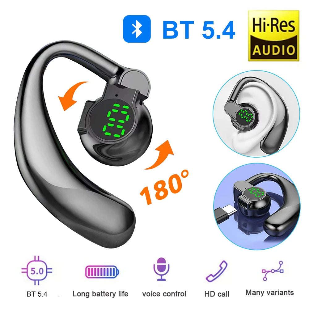 Bluetooth 5.4 Wireless Headset, Long Battery Life Hanging Ears,Start Noise Reduction Digital Display Sports Sleep Music Earring