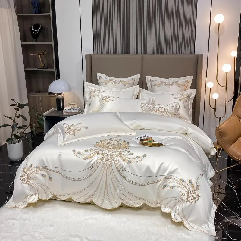 4/6Pcs White Gray Sateen Gold Embroidery Luxury Satin Bedding set