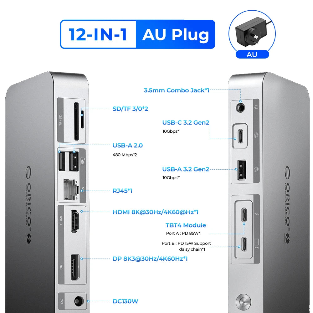 ORICO Thunderbolt 4 40Gbps USB Type-C Docking Station with HDMI-Compatible/Card Reader/RJ45