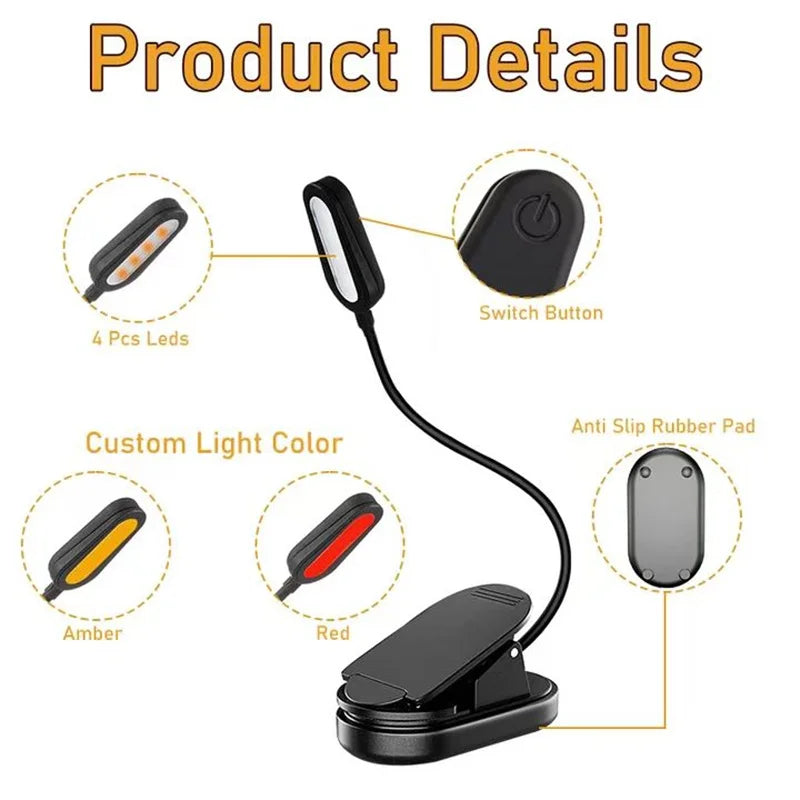 USB-C Rechargeable Clip-On Reading Light – Adjustable Brightness