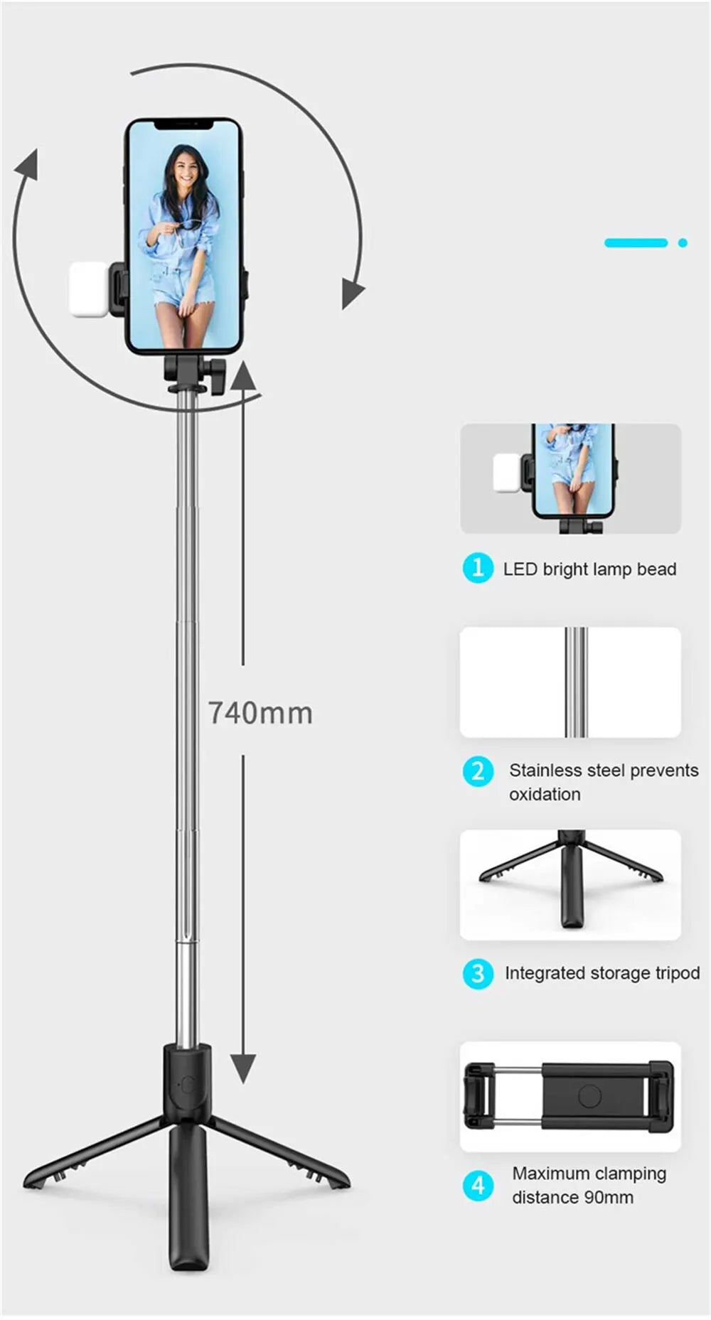 Bluetooth Selfie Stick Tripod with Remote & LED Light