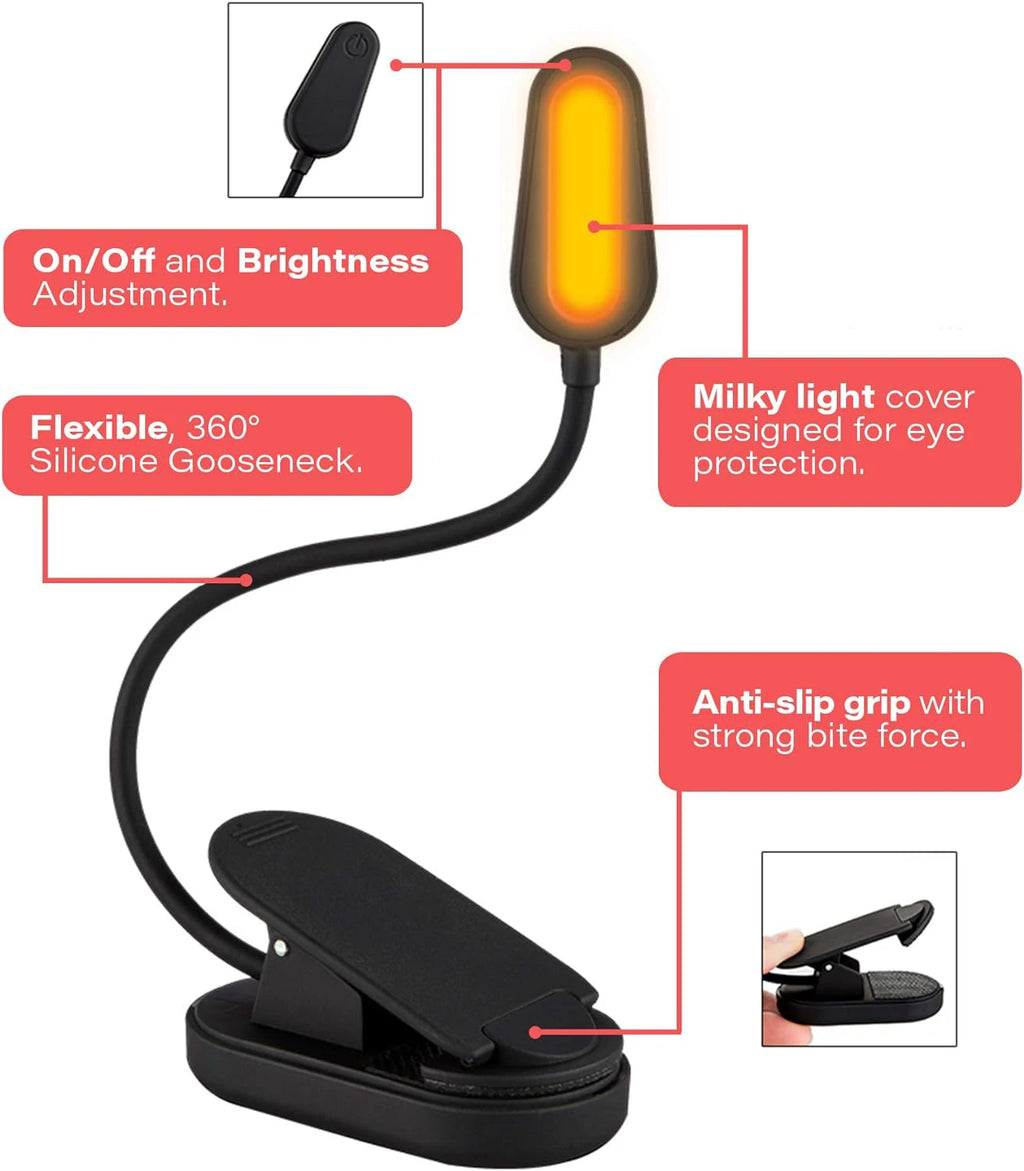 USB-C Rechargeable Clip-On Reading Light – Adjustable Brightness