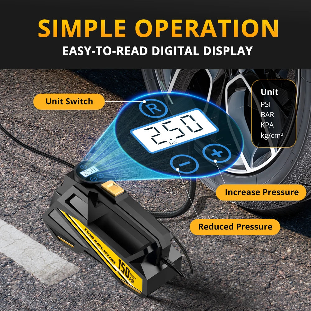 12V 150 PSI Portable Tire Inflator with Digital Gauge & LED Light