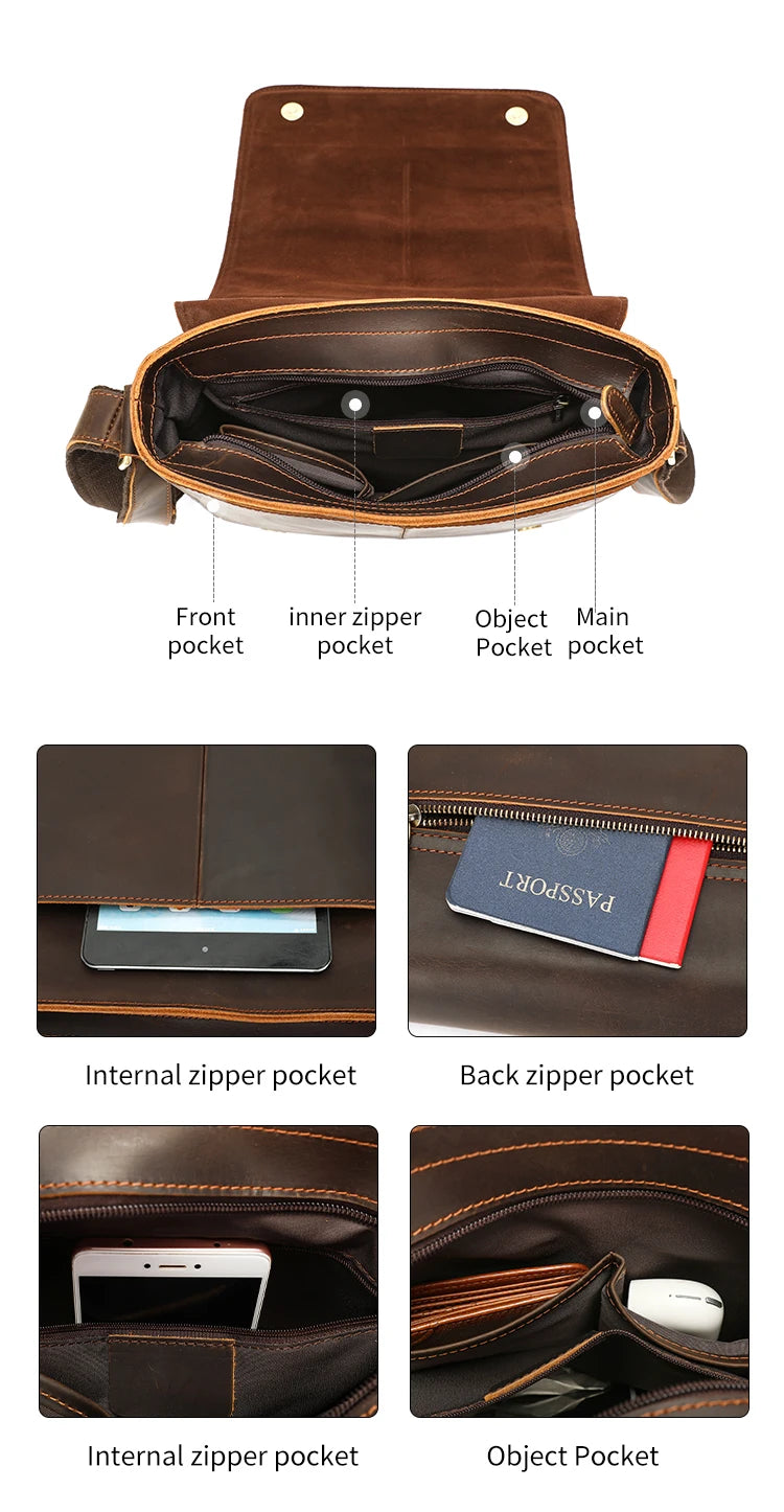 WESTAL Men Crazy Horse Leather Messenger Satchel Bag Large Capacity Leather Shoulder Bag Genuine Leather Crossbody Bag for Men
