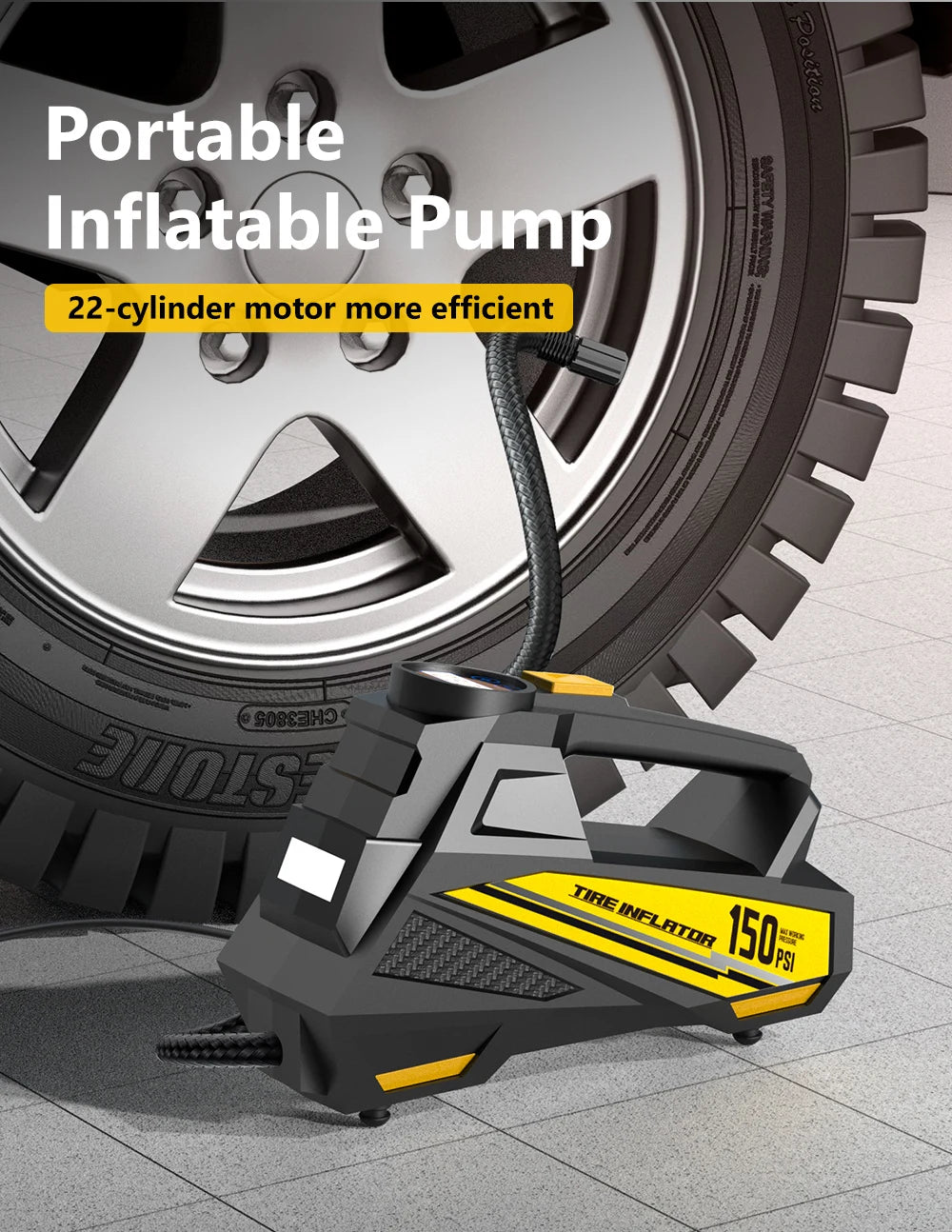 12V 150 PSI Portable Tire Inflator with Digital Gauge & LED Light
