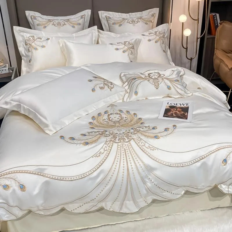 4/6Pcs White Gray Sateen Gold Embroidery Luxury Satin Bedding set