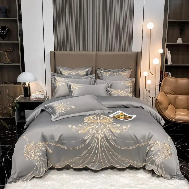 4/6Pcs White Gray Sateen Gold Embroidery Luxury Satin Bedding set