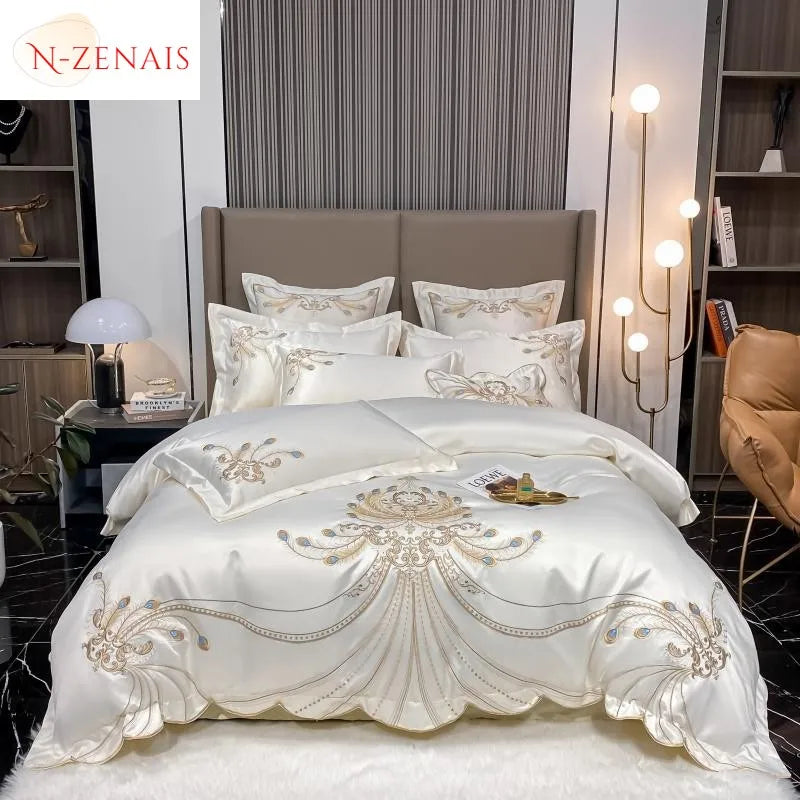 4/6Pcs White Gray Sateen Gold Embroidery Luxury Satin Bedding set