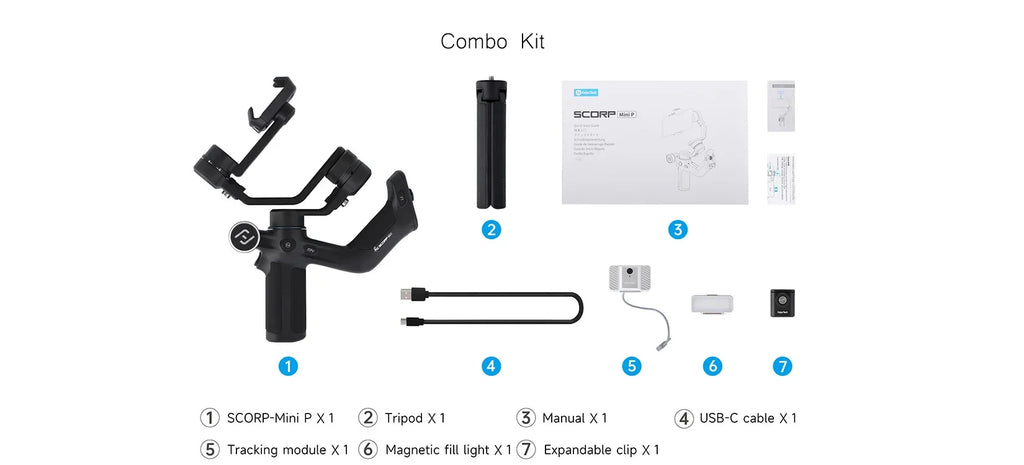 FeiyuTech Scorp Mini-P Kit 3 Axis Smartphone Gimbal, AI Tracker, Fill Light, for iPhone 16 Pro Max and Android Stabilizer