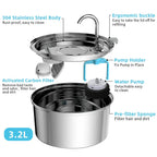 Stainless Steel Pet Water Fountain – Ultra-Quiet, 3L Automatic Dispenser with Advanced Filtration