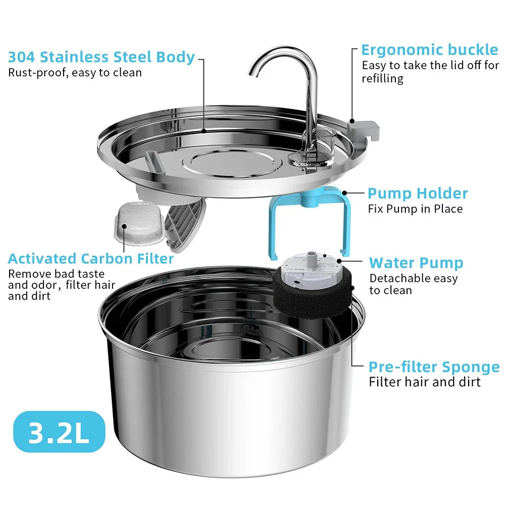 Stainless Steel Pet Water Fountain – Ultra-Quiet, 3L Automatic Dispenser with Advanced Filtration