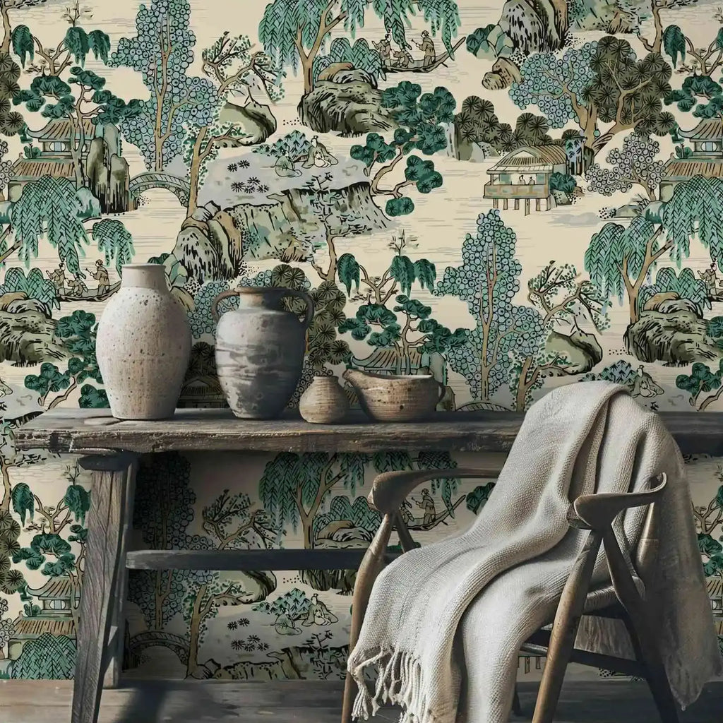 Japanese Garden Mural Traditional Asian Landscape Peel and Stick Wallpaper