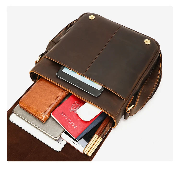 WESTAL Men Crazy Horse Leather Messenger Satchel Bag Large Capacity Leather Shoulder Bag Genuine Leather Crossbody Bag for Men
