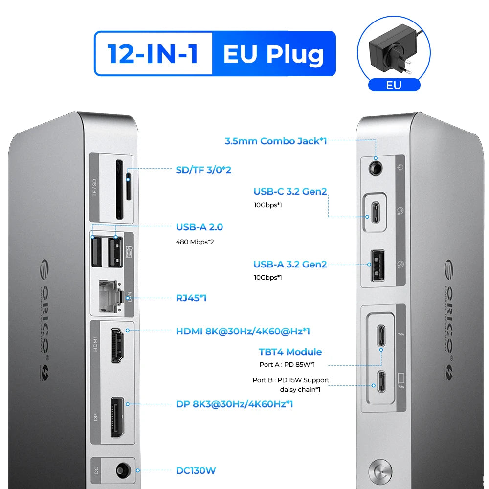 ORICO Thunderbolt 4 40Gbps USB Type-C Docking Station with HDMI-Compatible/Card Reader/RJ45