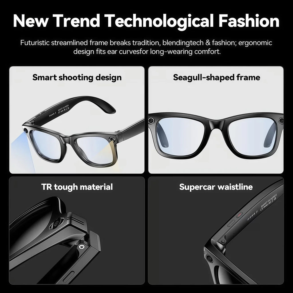 AI Smart Video Glasses with Camera and Photo Capabilities, featuring an 8MP camera, 1080P HD video recording, 4K resolution,