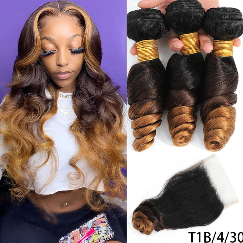 DreamDiana 10A Loose Wave Bundles with Closure Wet and Wavy Brazilian Ocean wave 100% Human Hair 3 Bundles with 4x4 Lace Closure