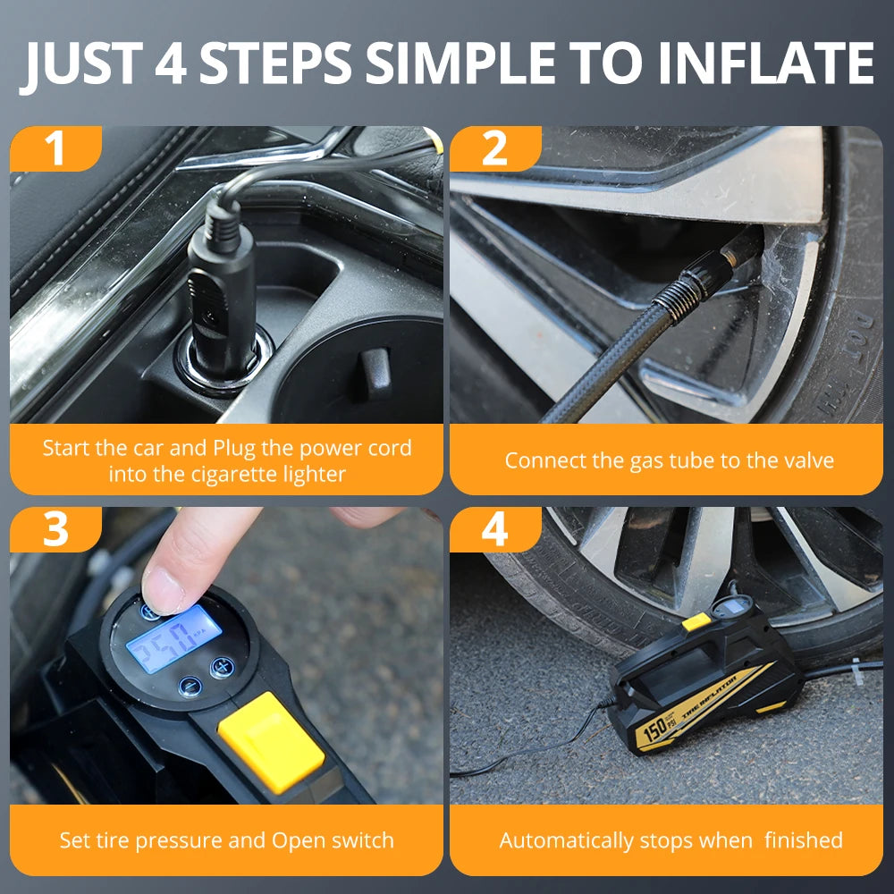 12V 150 PSI Portable Tire Inflator with Digital Gauge & LED Light