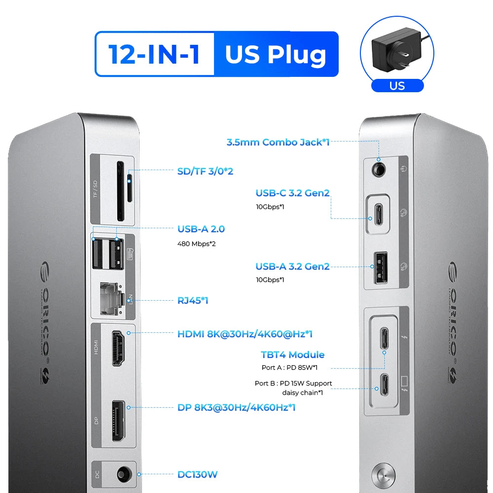 ORICO Thunderbolt 4 40Gbps USB Type-C Docking Station with HDMI-Compatible/Card Reader/RJ45
