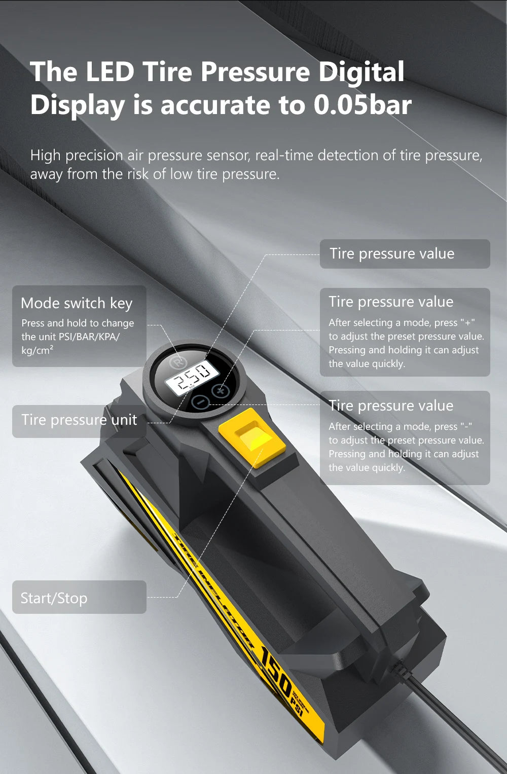 12V 150 PSI Portable Tire Inflator with Digital Gauge & LED Light