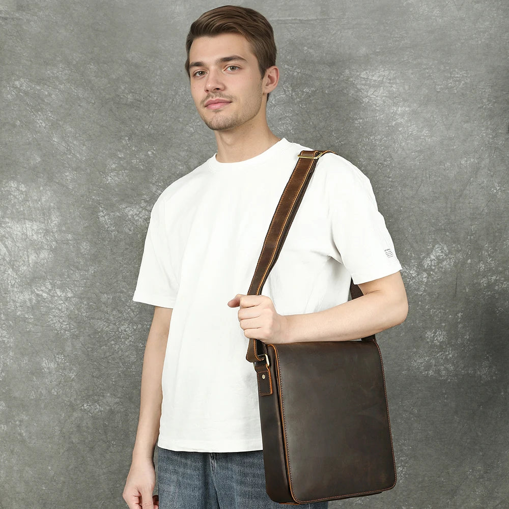 WESTAL Men Crazy Horse Leather Messenger Satchel Bag Large Capacity Leather Shoulder Bag Genuine Leather Crossbody Bag for Men
