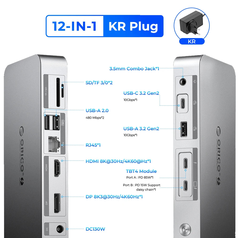 ORICO Thunderbolt 4 40Gbps USB Type-C Docking Station with HDMI-Compatible/Card Reader/RJ45