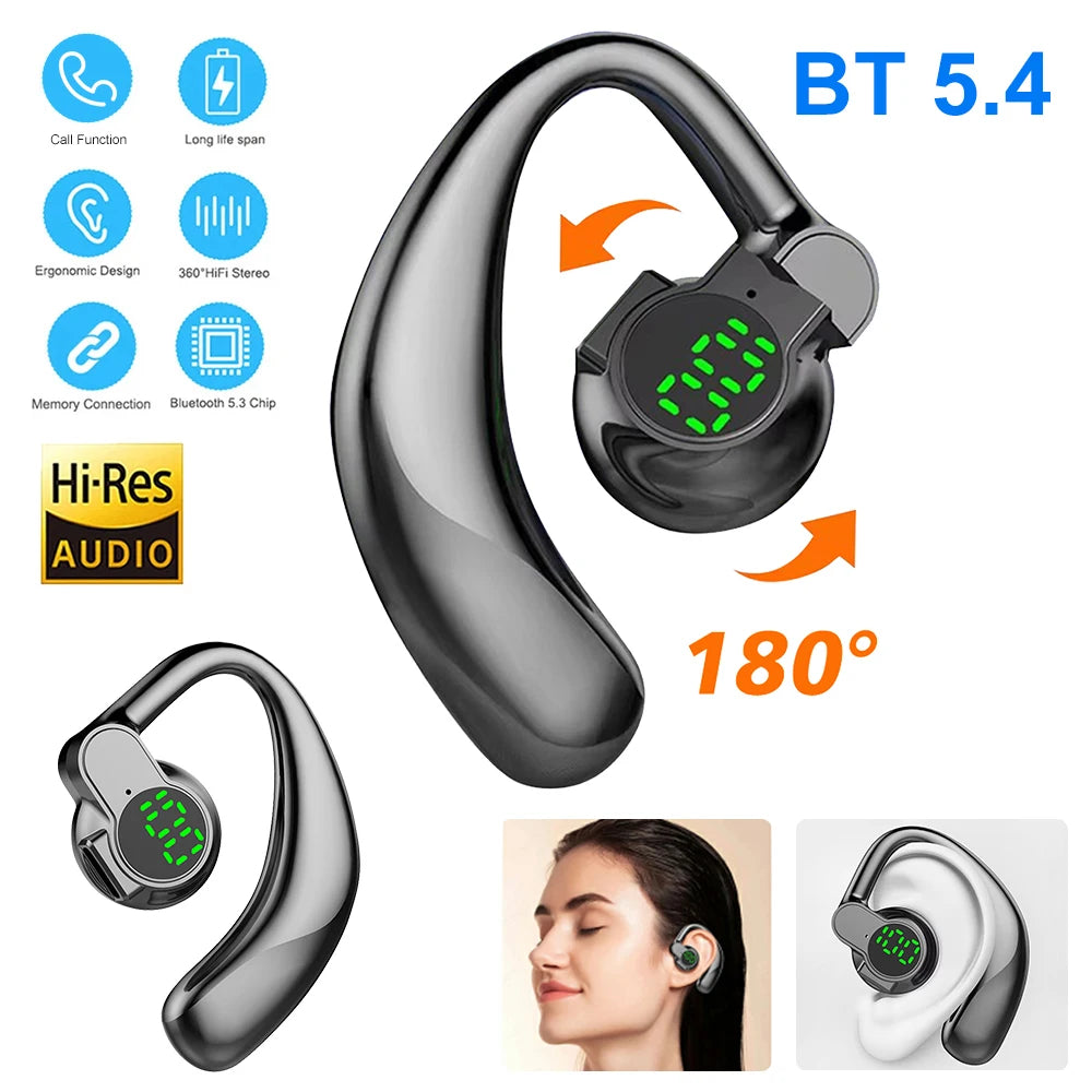 Bluetooth 5.4 Wireless Headset, Long Battery Life Hanging Ears,Start Noise Reduction Digital Display Sports Sleep Music Earring