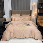 4/6Pcs White Gray Sateen Gold Embroidery Luxury Satin Bedding set