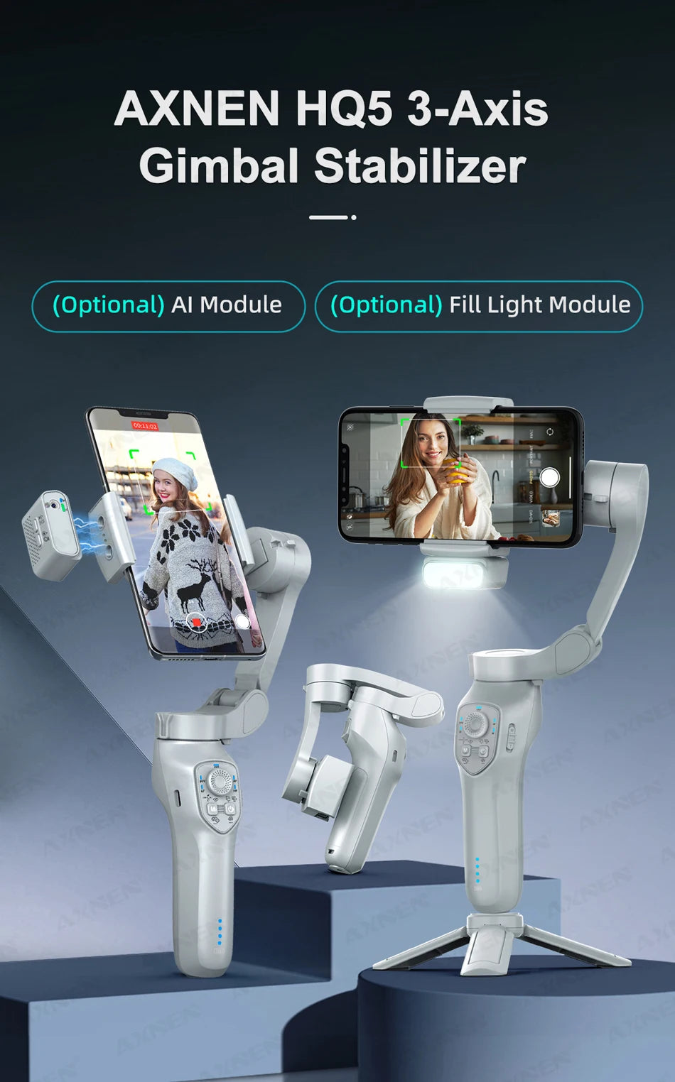 AXNEN AI Smartphone Gimbal 3-Axis Foldable Follow Focus Stabilizer with AI-Module Tripod Stand for Tiktok Vlog Video Photography