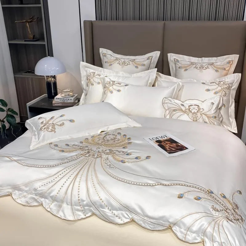 4/6Pcs White Gray Sateen Gold Embroidery Luxury Satin Bedding set